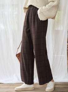 FRIFUL Plaid Print Elastic Waist Pants,Teacher Pants - Brown - View 5