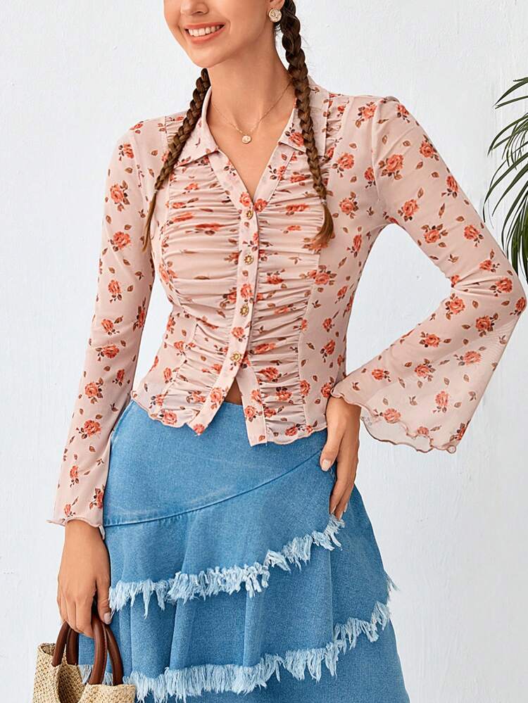 Allover Floral Print Ruched Front Trumpet Sleeve Mesh Top