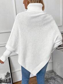 Ellegaria. Áo choàng cổ lọ tay cánh dơi vạt không đối xứng dệt kim kiểu cáp, Áo len nữ mùa đông kiểu dáng thường ngày không đối xứng, Áo choàng tay dài dệt kim dáng suông màu trắng tay cánh dơi, Áo len nữ tay dài kiểu chui đầu mùa thu - trắng - Xem 2