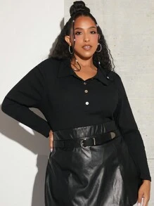 SHEIN CURVE+ Plus Polo Neck Ribbed Knit Tee - Black - View 1