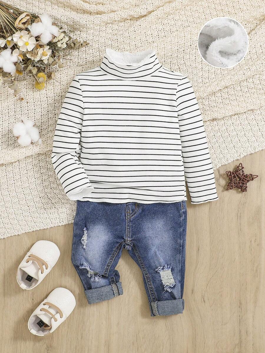 SHEIN Baby Boy Striped Mock Neck Tee - Black and White - View 1