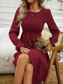 SHEIN LUNE Solid Flare Sleeve Ruffle Hem Dress - Burgundy - View 6