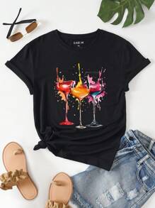 INAWLY Plus Wine Goblet Print Tee - Black - View 1