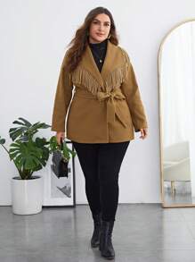 SHEIN Clasi Plus Fringe Trim Waterfall Collar Belted Overcoat - Brown - View 3