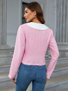 SHEIN Clasi 千鳥格印花瀑布領夾克 - 粉色 - 查看 2