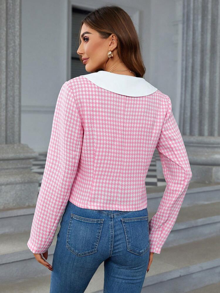 Houndstooth Print Waterfall Collar Jacket