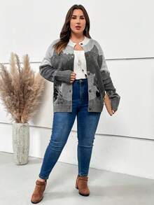 EMERY ROSE Plus Tree Pattern Drop Shoulder Cardigan - Grey - View 4