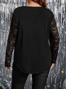 SHEIN Clasi 正面撞色蕾絲鈕扣T恤 - 黑色 - 查看 2
