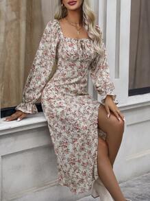 SHEIN Clasi Đầm Maxi In Hoa Thắt Nút Phía Trước Tay Phồng Xẻ Đùi Cho Nữ - Màu be - Xem 6