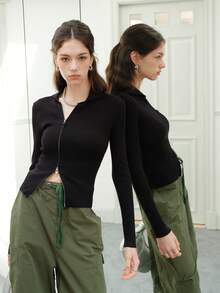 Zip Up Ribbed Knit Cardigan - Black - View 3