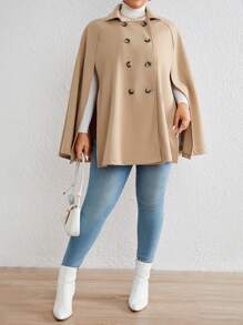 SHEIN Privé 加斗篷袖雙排扣大衣 - 駝色 - 查看 1