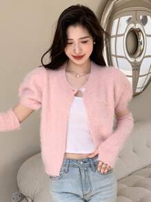 DAZY Áo len lông xù có nút phía trước có tay áo - Hồng - Xem 3