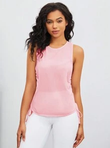 Drawstring Side Solid Sports Tank Top - Pink - View 4