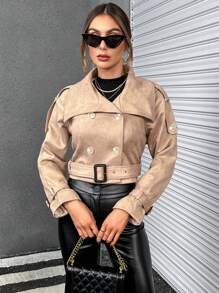 SHEIN Essnce Double Breasted Belted Crop Suedette Jacket - Khaki - View 5