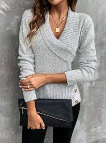 SHEIN LUNE Surplice Neck Button Detail Sweater,Long Sleeve Tops Knit Pullover Fall Winter Sweater - Grey - View 6