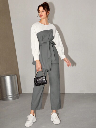 Mulvari Conjunto de 2 piezas con top y pantalones con cinturón de dos tonos