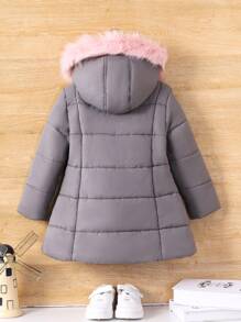 SHEIN 年轻女孩毛绒装饰连帽棉服外套（不含毛衣） - 灰色 - 查看 2