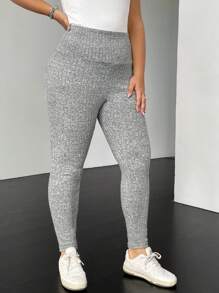 SHEIN EZwear Hơn Dệt kim Marled Xà cạp - Màu Xám nhạt - Xem 3