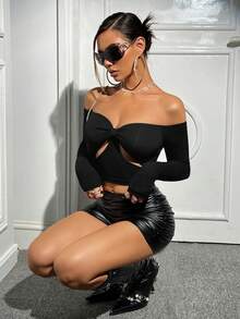 SHEIN ICON Off Shoulder Cut Out Front Ruched Bust Crop Tee - Black - View 6