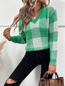 SHEIN LUNE 大方格圖案落肩袖套頭毛衣 - 綠色 - 查看 3