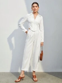 BizChic 拉鍊不對稱下擺短款夾克 - 米色 - 查看 4