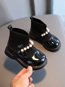 寶寶兒童休閒襪靴彈力防滑鞋學步 - 黑色 - 查看 4