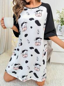 Cow Print Raglan Sleeve Pajama Nightdress Bridallingerie - White - View 5