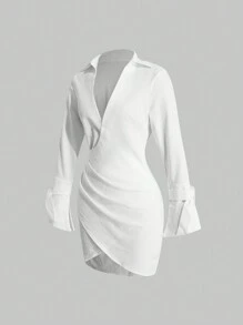 SHEIN Privé Solid Wrap Ruched Dress - White - View 3