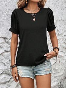 SHEIN LUNE Women's Casual Solid Color Puff Sleeve T-Shirt, Versatile For Summer