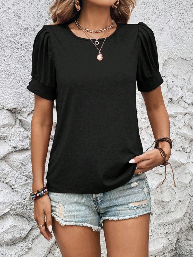 Women's Casual Solid Color Puff Sleeve T-Shirt, Versatile For Summer,Casual