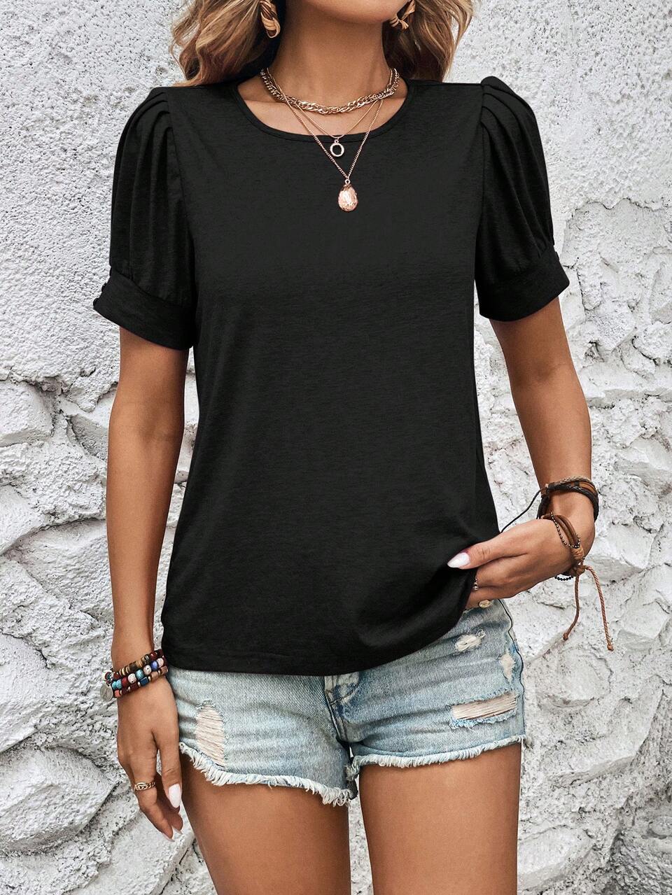 Women's Casual Solid Color Puff Sleeve T-Shirt, Versatile For Summer,Casual
