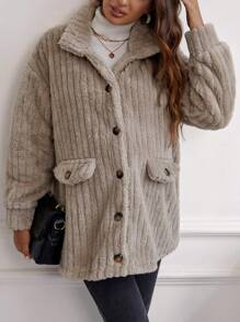 SHEIN Maternity Drop Shoulder Flap Detail Teddy Coat - Khaki - View 4