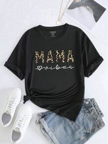 SHEIN LUNE Plus Leopard & Letter Graphic Tee - Black - View 1