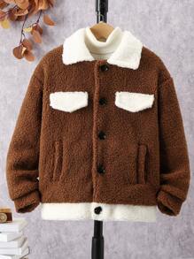 Tween Boy Contrast Collar Drop Shoulder Teddy Coat Without Sweater - Coffee Brown - View 1