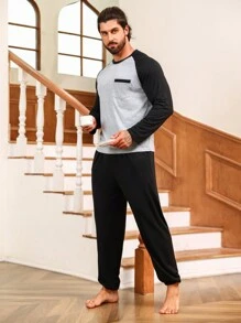 Men Colorblock Raglan Sleeve Tee & Pants PJ Set - Multicolor - View 4