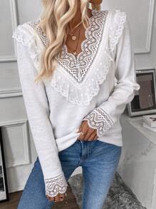 SHEIN Clasi Guipure Lace Trim Sweater - White - View 5