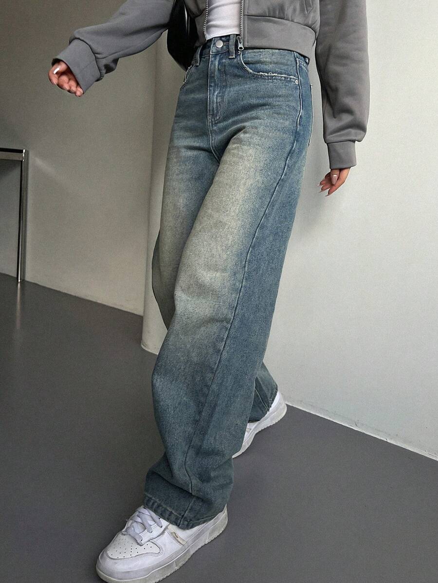 DAZY 拉链直筒牛仔裤，宽松牛仔裤 - 中等水洗藍 - 查看 1