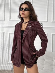 SHEIN Privé Striped Print Lapel Neck Blazer - Coffee Brown - View 4