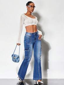 SHEIN BAE 側翻蓋口袋牛仔喇叭褲