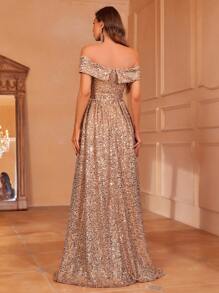 Faeriesty Off Shoulder Slit Sequin Buckle Belted Dress - Champagne - View 2