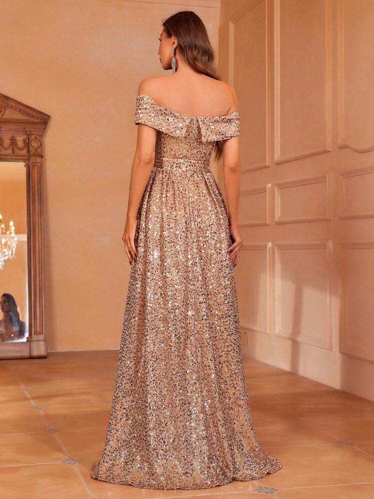 Faeriesty فستان مزين بترتر مع شق وحزام على الكتف - لون شمبانيي - مشاهدة 2