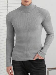 SHEIN Cottnline Men Solid Turtleneck Ribbed Knit Sweater - Grey - View 1