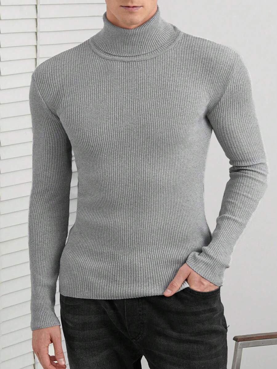 SHEIN Cottnline Men Solid Turtleneck Ribbed Knit Sweater - Grey - View 1