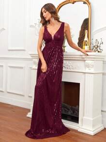 SHEIN Belle Plunging Neck Floor Length Sequins Formal Dress - Red - View 1