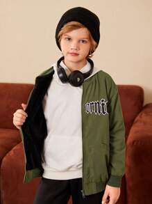 Cậu bé Tween Đồ họa Chữ cái Thả vai Dây kéo Áo khoác bomber Không có áo Hoodie - màu xanh lá - Xem 8