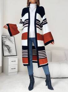 SHEIN Maternity Striped Pattern Colorblock Drop Shoulder Cardigan, For Winter - Multicolor - View 4