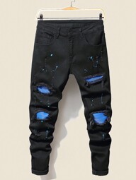Manfinity LEGND Men Cotton Splash Ink Print Ripped Frayed Rag Stitching Jeans Work Going Out Urban Vacation