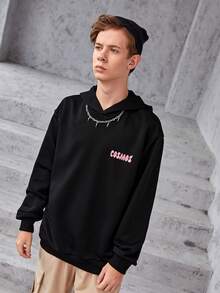 SHEIN 青少年男孩标语卡通图案落肩卫衣 - 黑色 - 查看 9