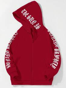 SHEIN Tween Boy Letter Graphic Raglan Sleeve Zipper Sweatshirt Without Tee For Christmas - Red - View 3