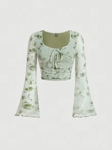 SHEIN MOD Floral Print Tie Front Flare Sleeve Crop Top - Green - View 1